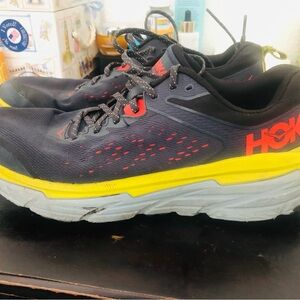 Hoka One One Black and Red Athletic Shoes with Yellow and Gray Sole